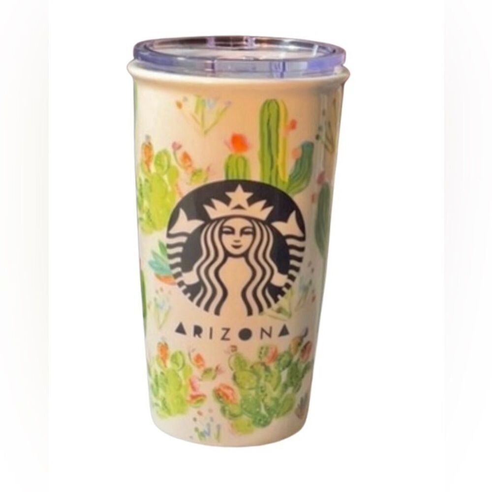 Starbucks Arizona Cactus Floral Scene Ceramic Travel Mug Cup Tumbler 12 oz Lid